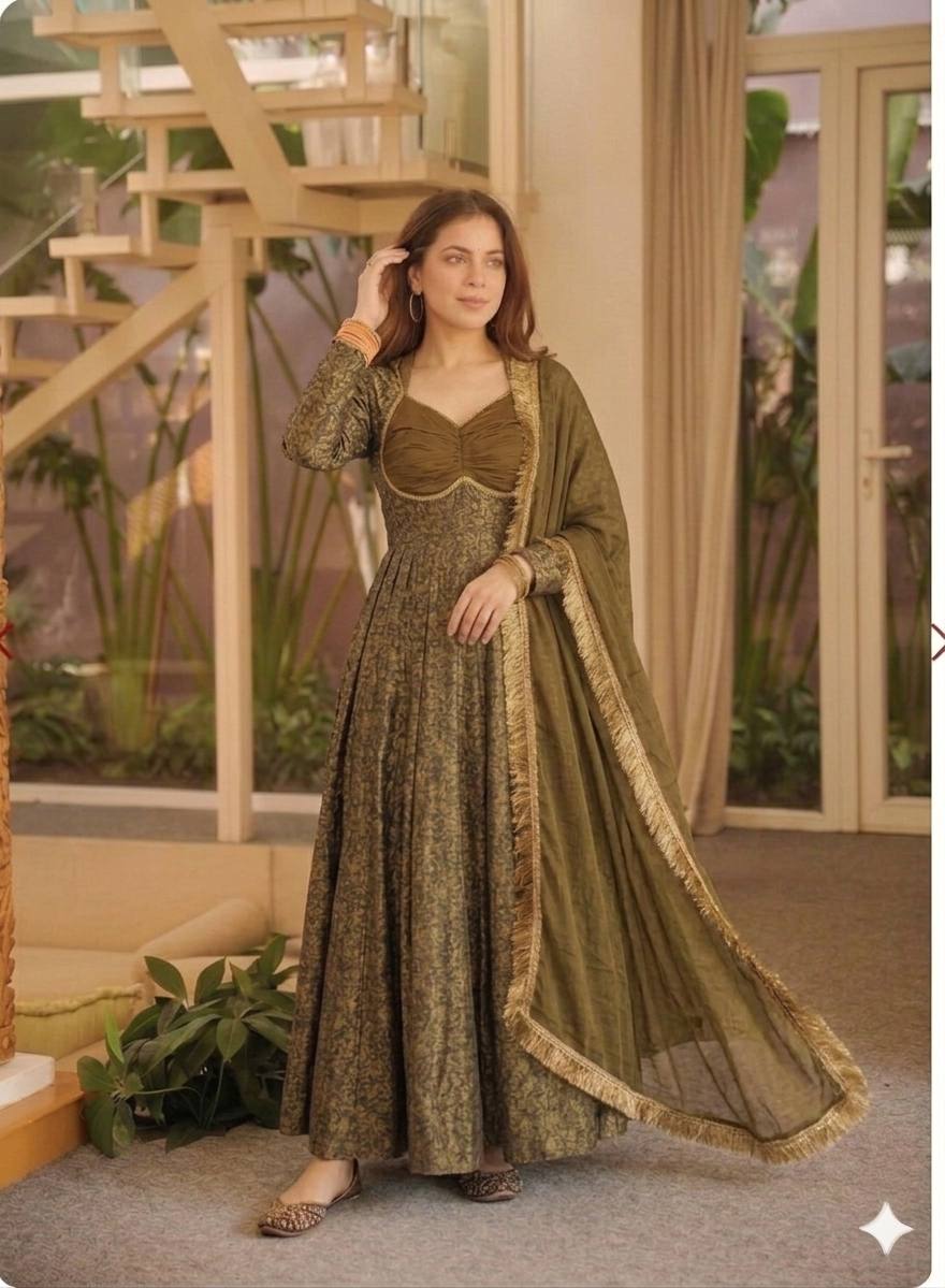 Opulent Mehendi Green Brocade Flared Anarkali Suit Set Featuring a Ruched Sweetheart Neckline, Woven Floral Motifs, and an Elegant Tie-Up Back